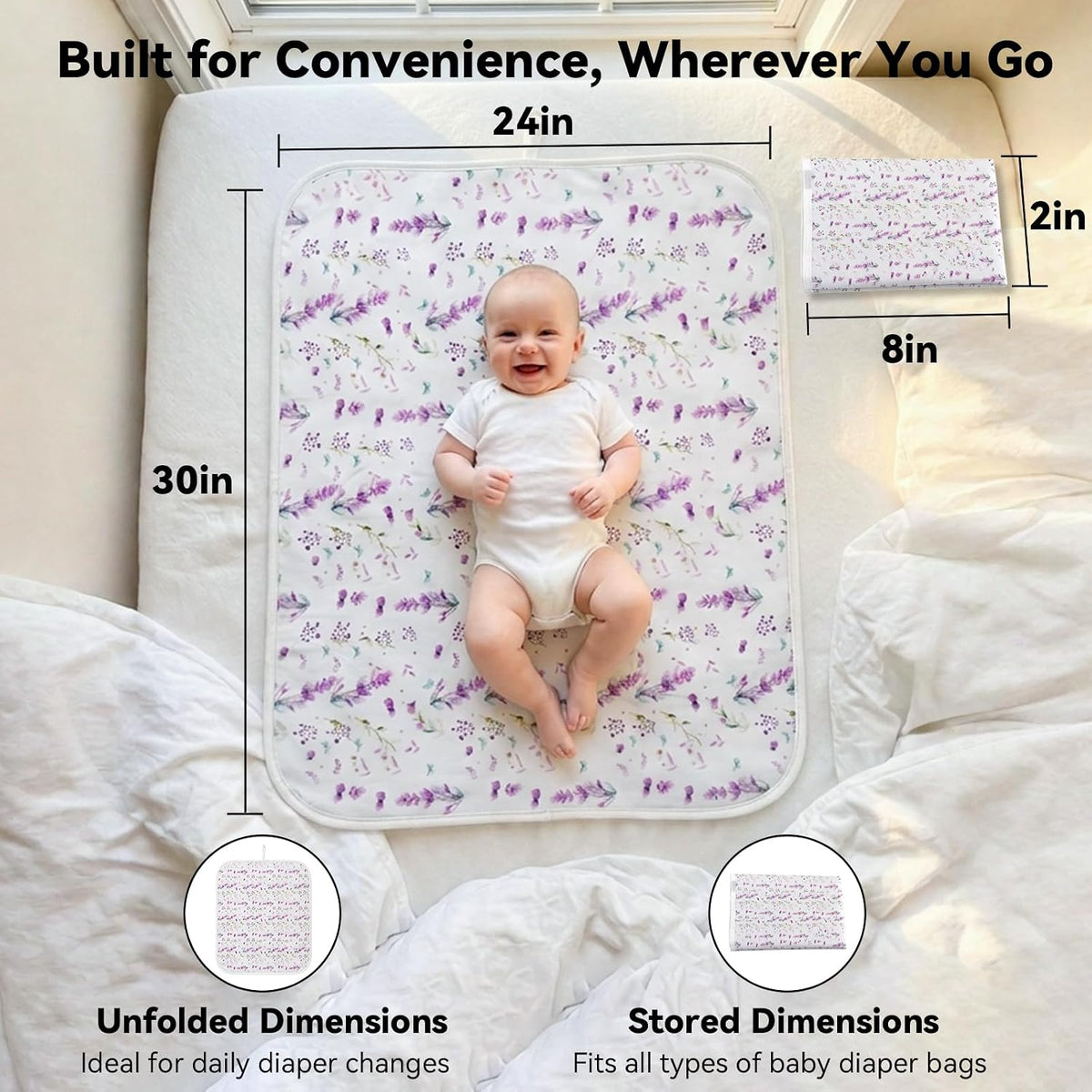 Baby Diaper Changing Mat, Waterproof, Absorbent, Soft Cotton Surface with EVA Backing, 30x24in Unfolded, Compact 8x2in with Storage Strap, Wipeable Diaper Changing Pad for Travel, Baby Gift
