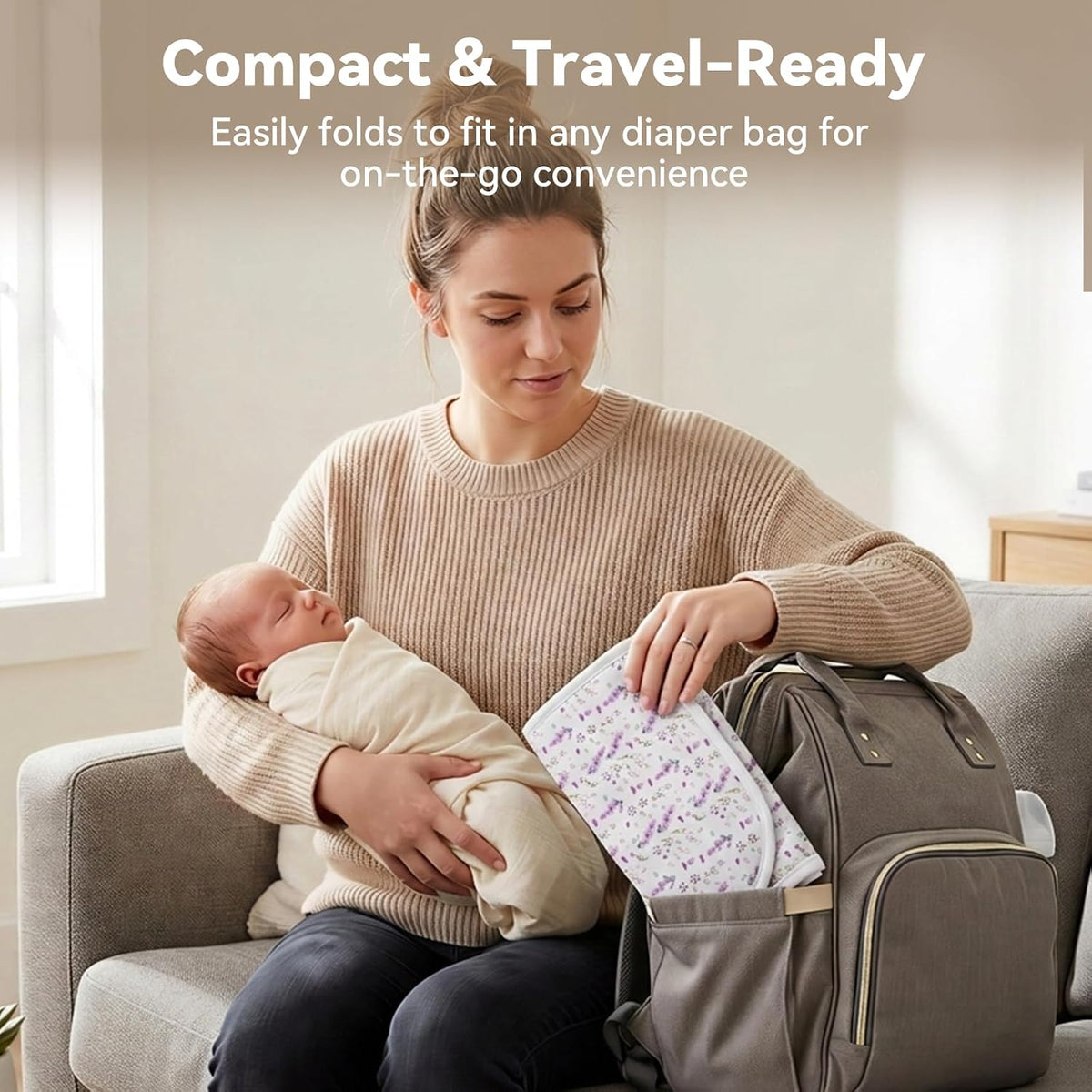 Baby Diaper Changing Mat, Waterproof, Absorbent, Soft Cotton Surface with EVA Backing, 30x24in Unfolded, Compact 8x2in with Storage Strap, Wipeable Diaper Changing Pad for Travel, Baby Gift