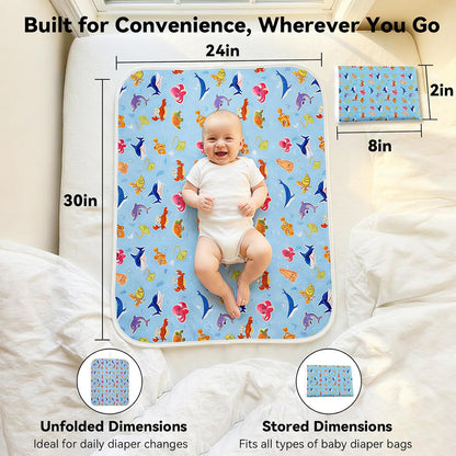 Baby Diaper Changing Mat, Waterproof, Absorbent, Soft Cotton Surface with EVA Backing, 30x24in Unfolded, Compact 8x2in with Storage Strap, Wipeable Diaper Changing Pad for Travel, Baby Gift