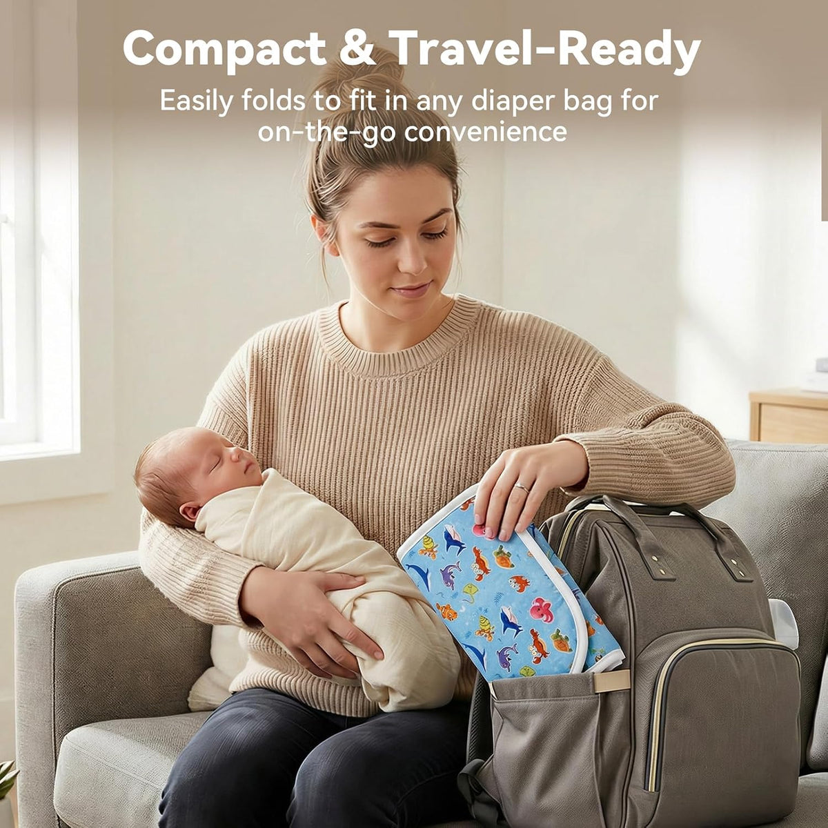 Baby Diaper Changing Mat, Waterproof, Absorbent, Soft Cotton Surface with EVA Backing, 30x24in Unfolded, Compact 8x2in with Storage Strap, Wipeable Diaper Changing Pad for Travel, Baby Gift