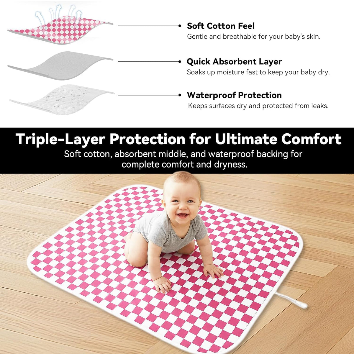 Baby Diaper Changing Mat, Waterproof, Absorbent, Soft Cotton Surface with EVA Backing, 30x24in Unfolded, Compact 8x2in with Storage Strap, Wipeable Diaper Changing Pad for Travel, Baby Gift