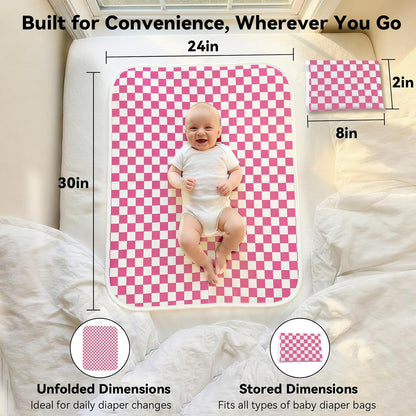 Baby Diaper Changing Mat, Waterproof, Absorbent, Soft Cotton Surface with EVA Backing, 30x24in Unfolded, Compact 8x2in with Storage Strap, Wipeable Diaper Changing Pad for Travel, Baby Gift
