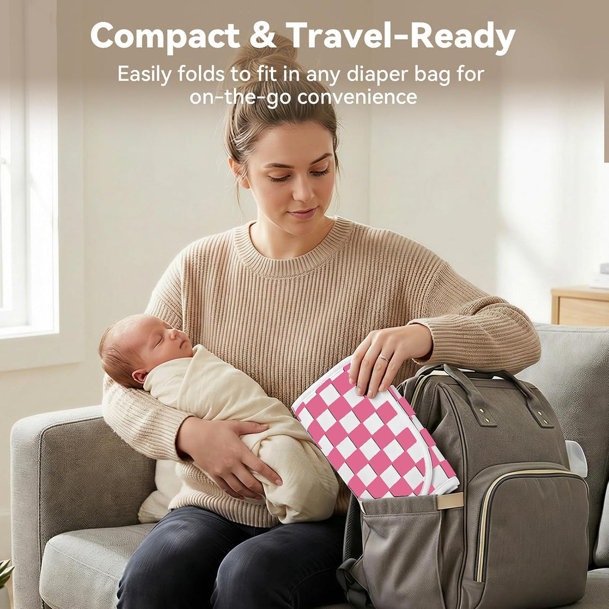 Baby Diaper Changing Mat, Waterproof, Absorbent, Soft Cotton Surface with EVA Backing, 30x24in Unfolded, Compact 8x2in with Storage Strap, Wipeable Diaper Changing Pad for Travel, Baby Gift