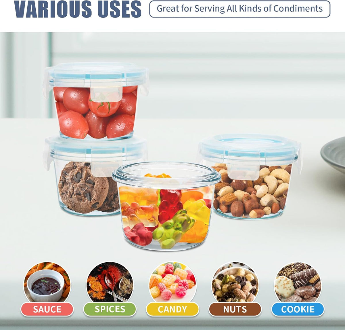 Small Glass Food Containers Set of 6, 5oz Reusable, Airtight, Leakproof Mini Food Storage Containers with Lids