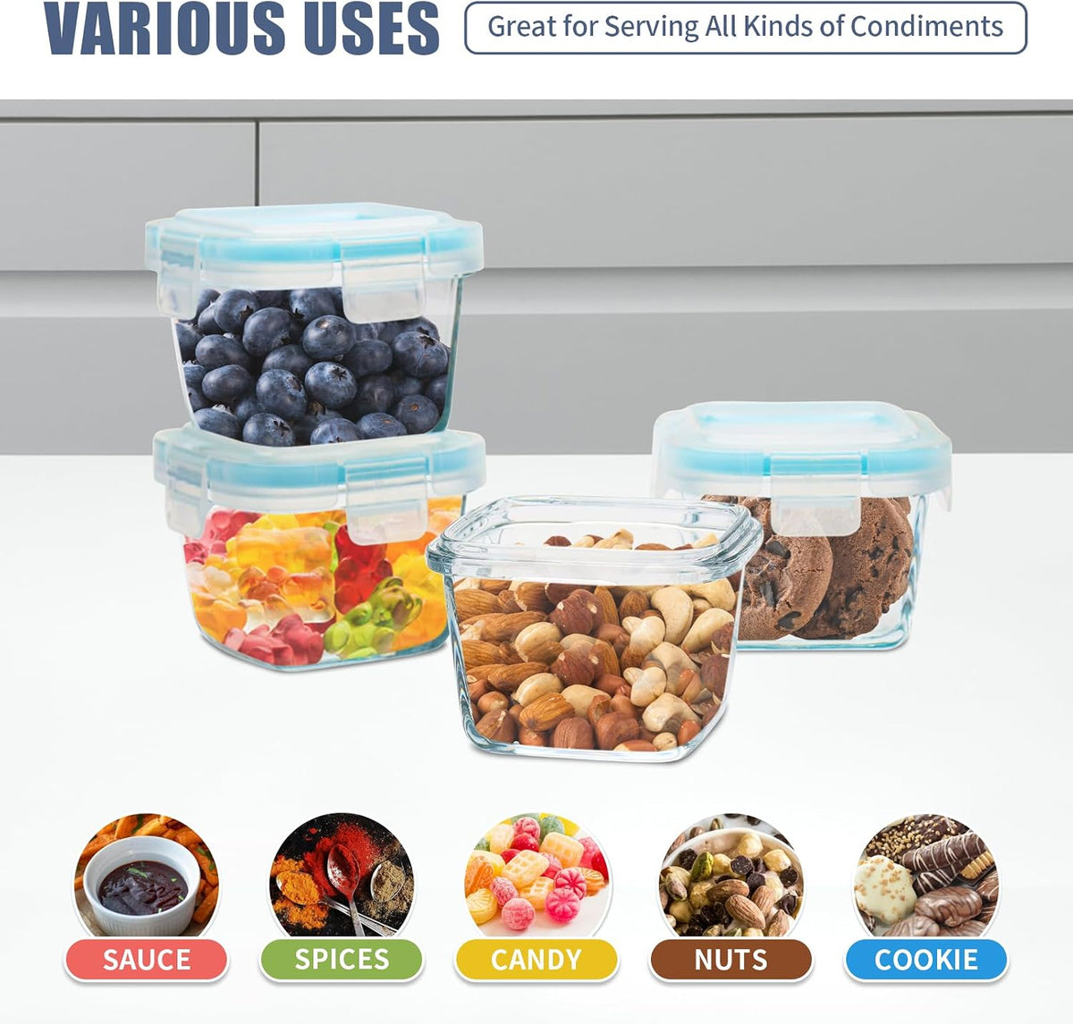 Small Glass Food Containers Set of 6, 5oz Reusable, Airtight, Leakproof Mini Food Storage Containers with Lids