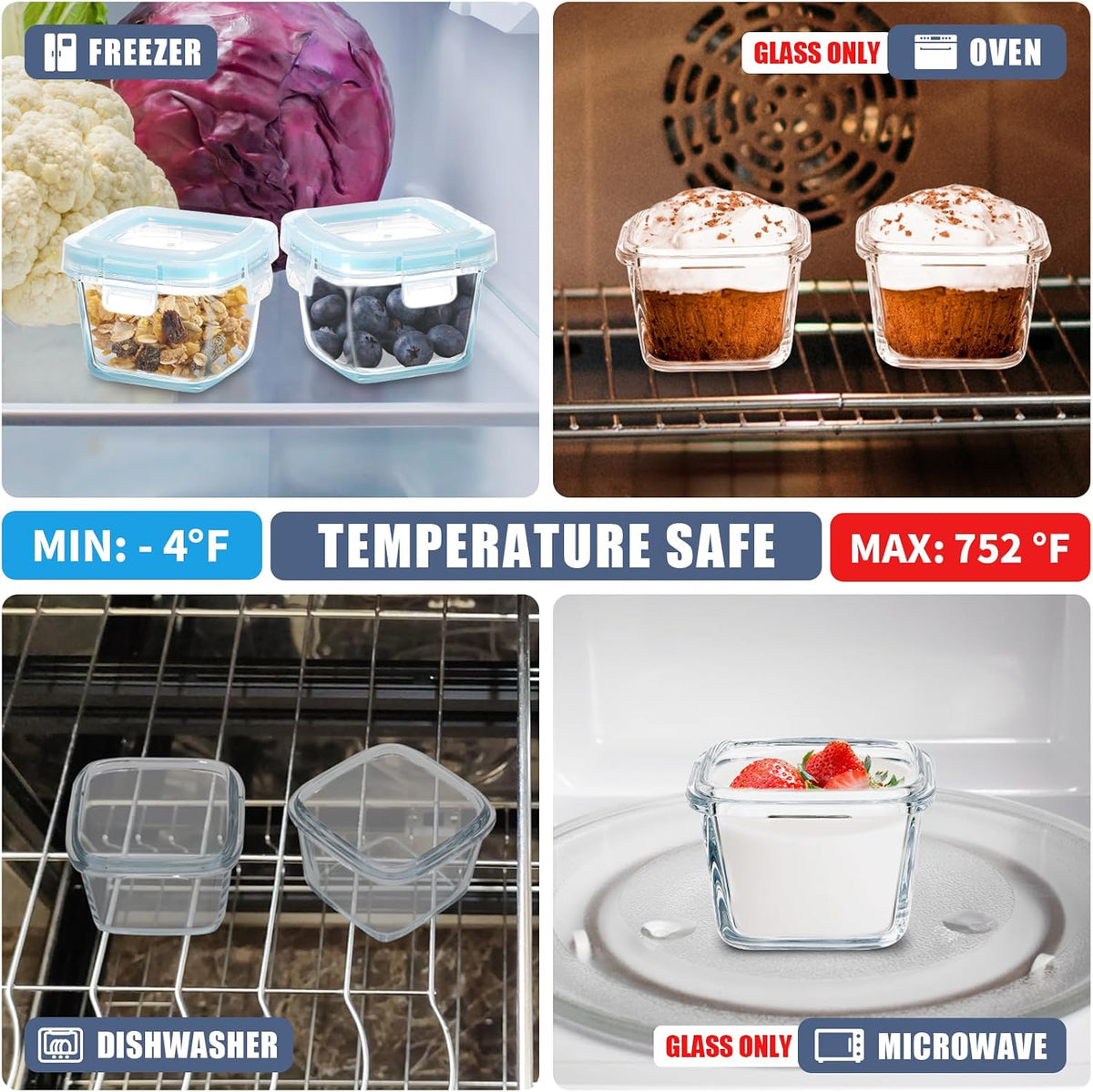 Small Glass Food Containers Set of 6, 5oz Reusable, Airtight, Leakproof Mini Food Storage Containers with Lids