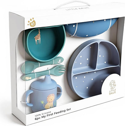 Baby Led Weaning Bundle, 100% Silicone Baby Feeding Set Includes Divided Plate, Suction Bowl, Straw Cup, Bib, Spoon & Fork, Develops Self Feeding Skills, Dishwasher Safe (Green)