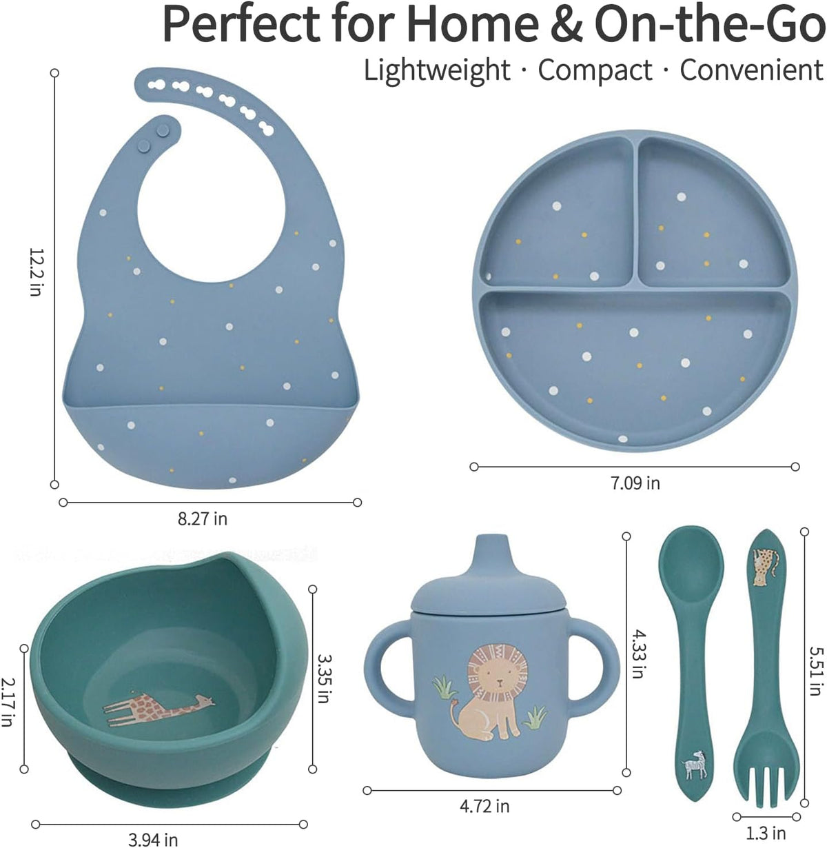 Baby Led Weaning Bundle, 100% Silicone Baby Feeding Set Includes Divided Plate, Suction Bowl, Straw Cup, Bib, Spoon & Fork, Develops Self Feeding Skills, Dishwasher Safe (Green)