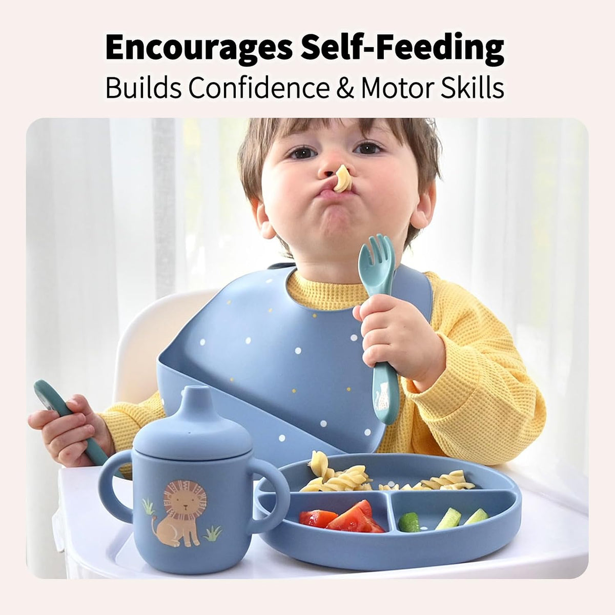 Baby Led Weaning Bundle, 100% Silicone Baby Feeding Set Includes Divided Plate, Suction Bowl, Straw Cup, Bib, Spoon & Fork, Develops Self Feeding Skills, Dishwasher Safe (Green)