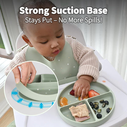 Baby Led Weaning Bundle, 100% Silicone Baby Feeding Set Includes Divided Plate, Suction Bowl, Straw Cup, Bib, Spoon & Fork, Develops Self Feeding Skills, Dishwasher Safe (Green)