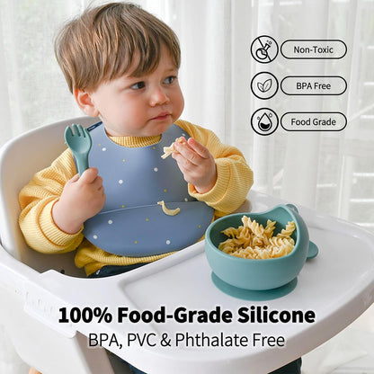 Baby Led Weaning Bundle, 100% Silicone Baby Feeding Set Includes Divided Plate, Suction Bowl, Straw Cup, Bib, Spoon & Fork, Develops Self Feeding Skills, Dishwasher Safe (Green)