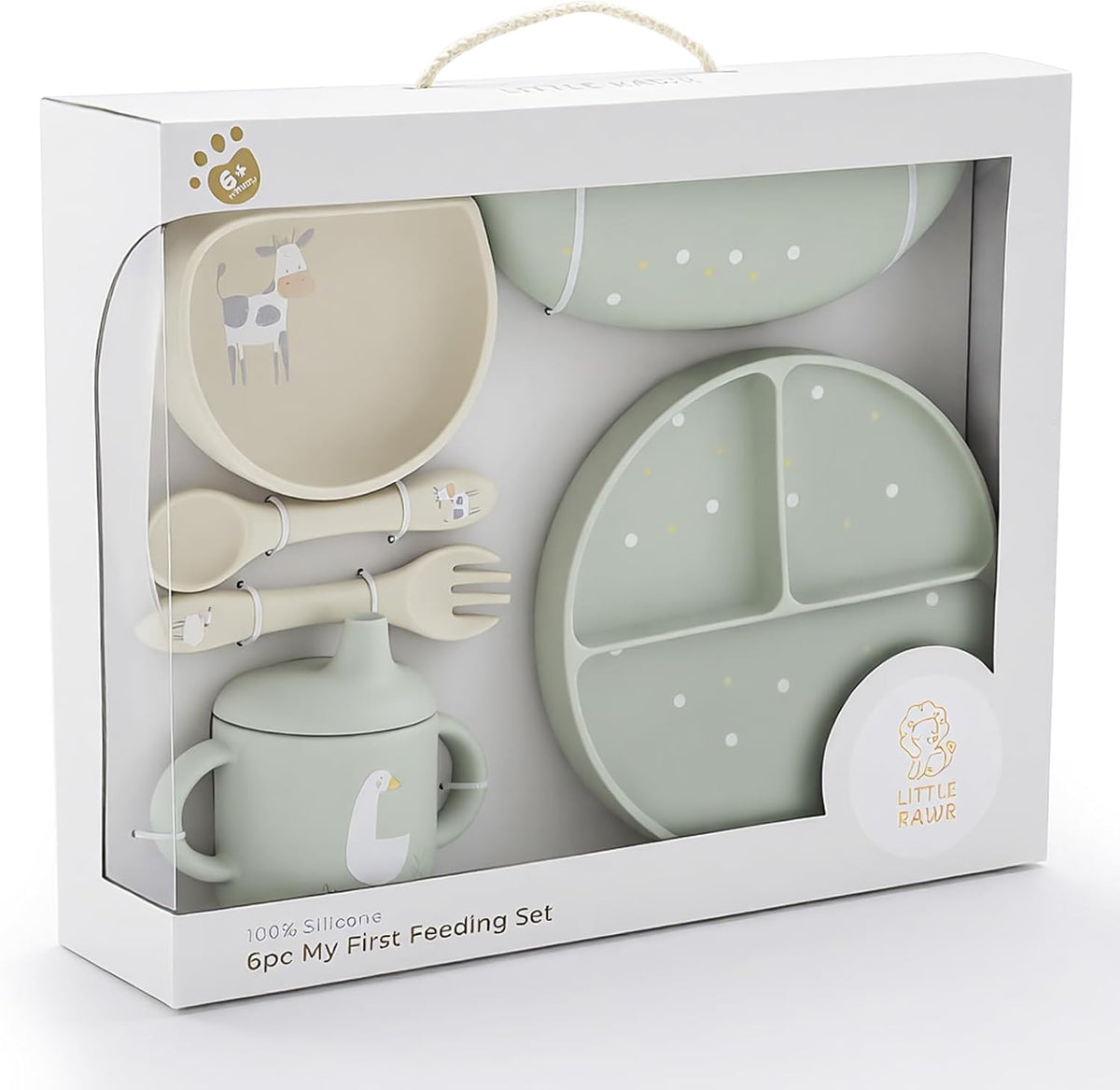 Baby Led Weaning Bundle, 100% Silicone Baby Feeding Set Includes Divided Plate, Suction Bowl, Straw Cup, Bib, Spoon & Fork, Develops Self Feeding Skills, Dishwasher Safe (Green)