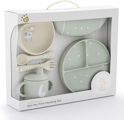 Baby Led Weaning Bundle, 100% Silicone Baby Feeding Set Includes Divided Plate, Suction Bowl, Straw Cup, Bib, Spoon & Fork, Develops Self Feeding Skills, Dishwasher Safe (Green)