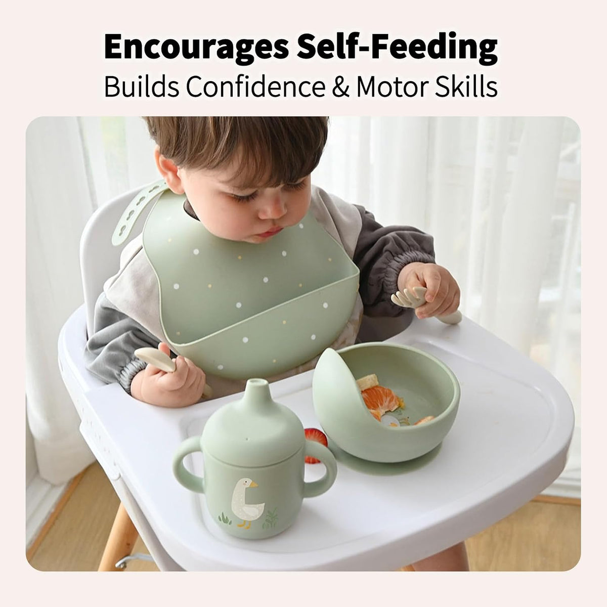Baby Led Weaning Bundle, 100% Silicone Baby Feeding Set Includes Divided Plate, Suction Bowl, Straw Cup, Bib, Spoon & Fork, Develops Self Feeding Skills, Dishwasher Safe (Green)