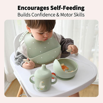 Baby Led Weaning Bundle, 100% Silicone Baby Feeding Set Includes Divided Plate, Suction Bowl, Straw Cup, Bib, Spoon & Fork, Develops Self Feeding Skills, Dishwasher Safe (Green)