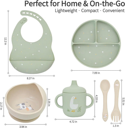 Baby Led Weaning Bundle, 100% Silicone Baby Feeding Set Includes Divided Plate, Suction Bowl, Straw Cup, Bib, Spoon & Fork, Develops Self Feeding Skills, Dishwasher Safe (Green)