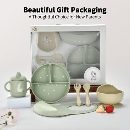 Baby Led Weaning Bundle, 100% Silicone Baby Feeding Set Includes Divided Plate, Suction Bowl, Straw Cup, Bib, Spoon & Fork, Develops Self Feeding Skills, Dishwasher Safe (Green)