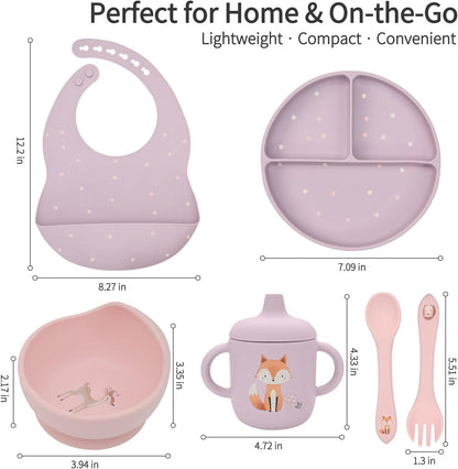 Baby Led Weaning Bundle, 100% Silicone Baby Feeding Set Includes Divided Plate, Suction Bowl, Straw Cup, Bib, Spoon & Fork, Develops Self Feeding Skills, Dishwasher Safe (Green)
