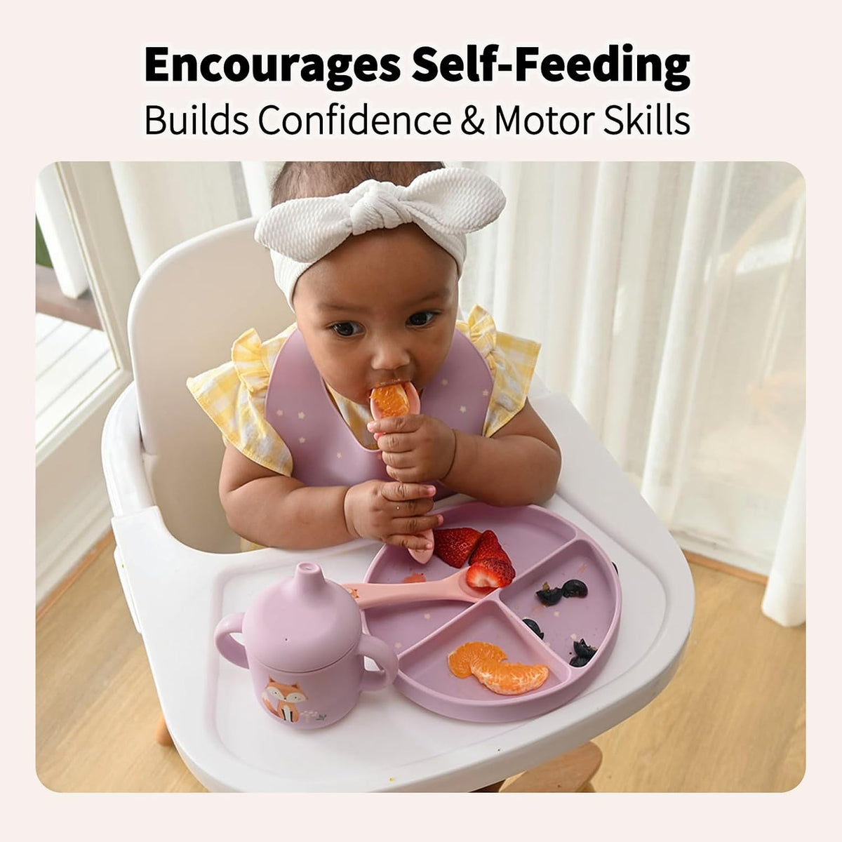 Baby Led Weaning Bundle, 100% Silicone Baby Feeding Set Includes Divided Plate, Suction Bowl, Straw Cup, Bib, Spoon & Fork, Develops Self Feeding Skills, Dishwasher Safe (Green)