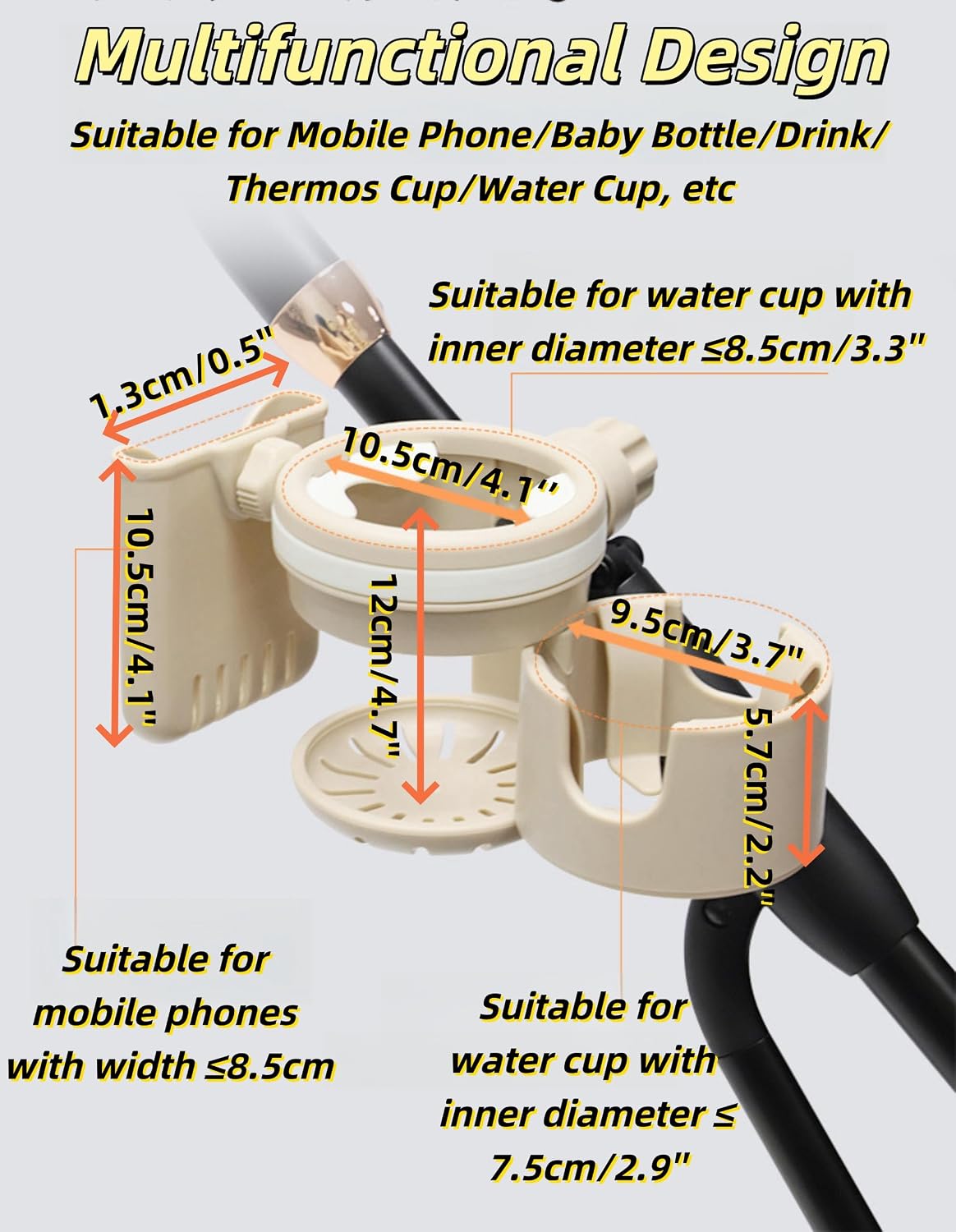 3-in-1 Stroller Cup Holder, Baby Stroller Accessories with Bottle Holder, Phone Mount, and Drink Caddy for Strollers, Perfect for Parents on The Go (Beige)