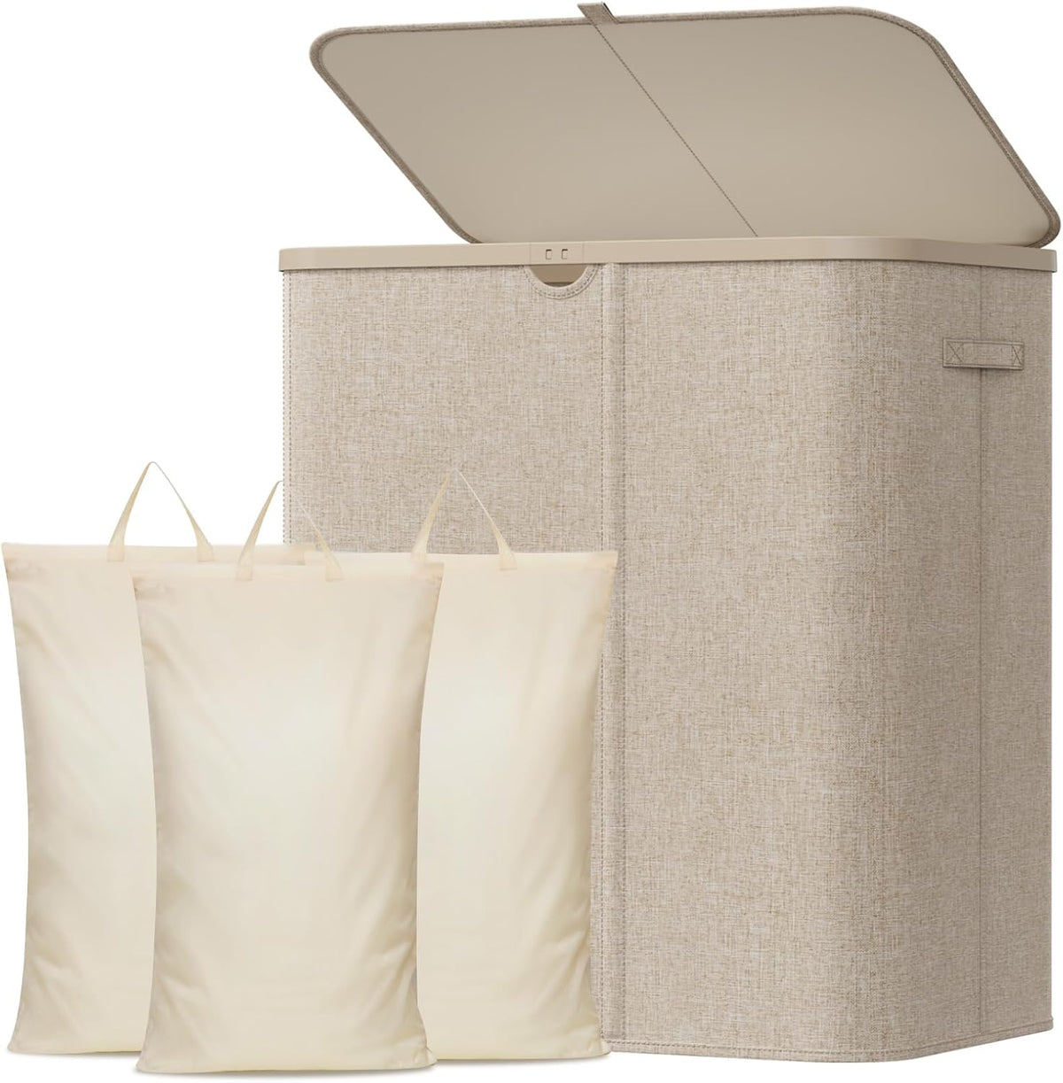 185L 3 Section Laundry Hamper with Lid, Laundry Basket, Beige