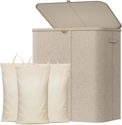 185L 3 Section Laundry Hamper with Lid, Laundry Basket, Beige