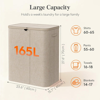 185L 3 Section Laundry Hamper with Lid, Laundry Basket, Beige
