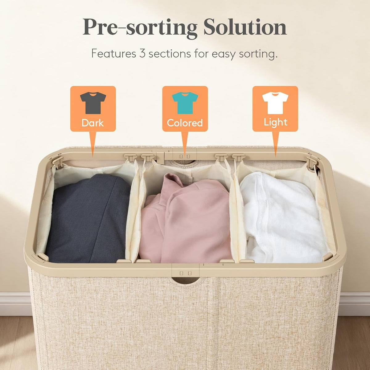 185L 3 Section Laundry Hamper with Lid, Laundry Basket, Beige