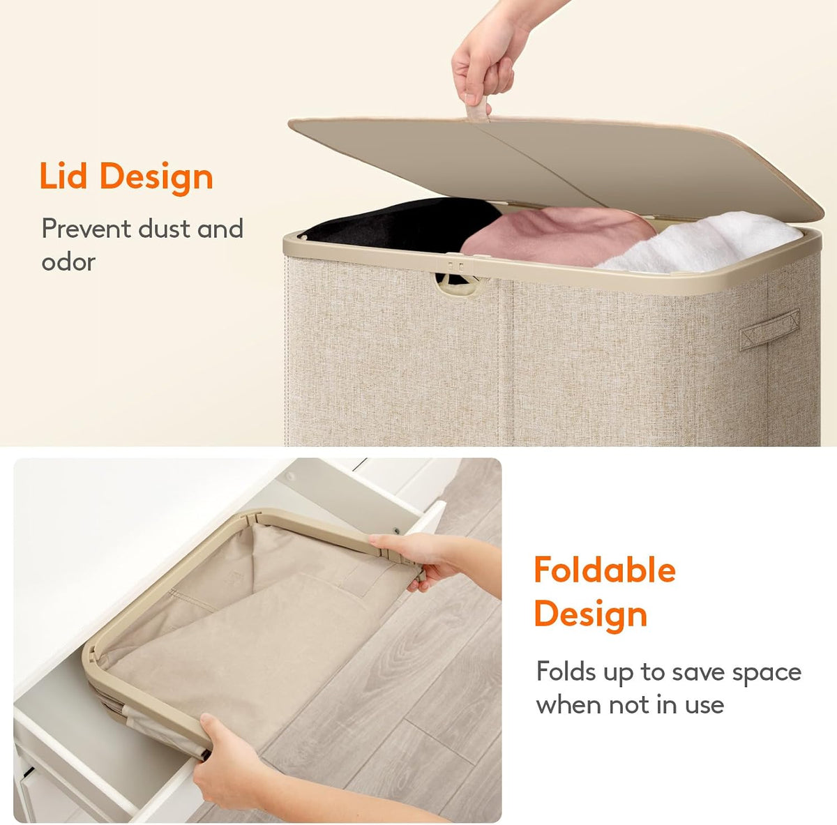185L 3 Section Laundry Hamper with Lid, Laundry Basket, Beige