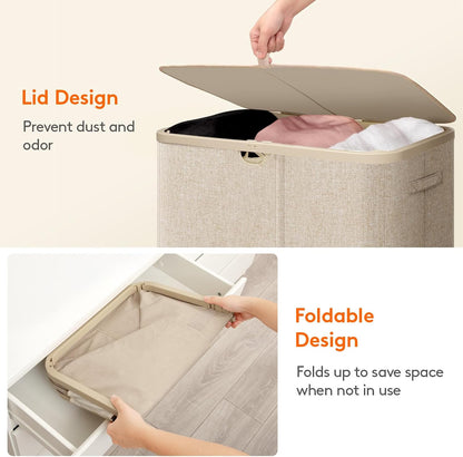 185L 3 Section Laundry Hamper with Lid, Laundry Basket, Beige