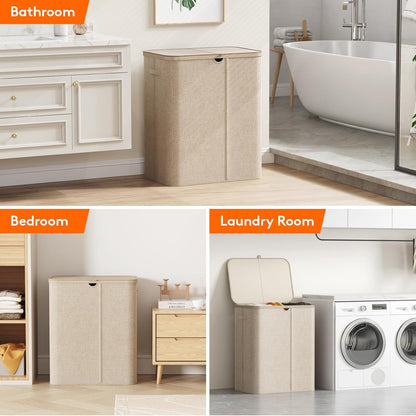 185L 3 Section Laundry Hamper with Lid, Laundry Basket, Beige