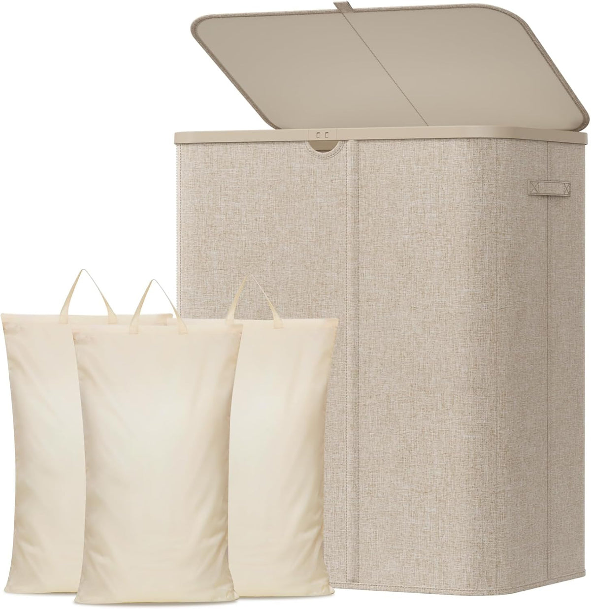 185L 3 Section Laundry Hamper with Lid, Laundry Basket, Beige