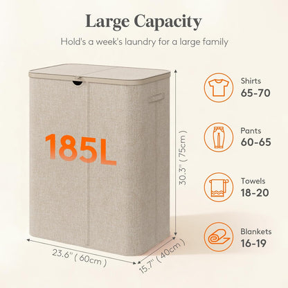 185L 3 Section Laundry Hamper with Lid, Laundry Basket, Beige