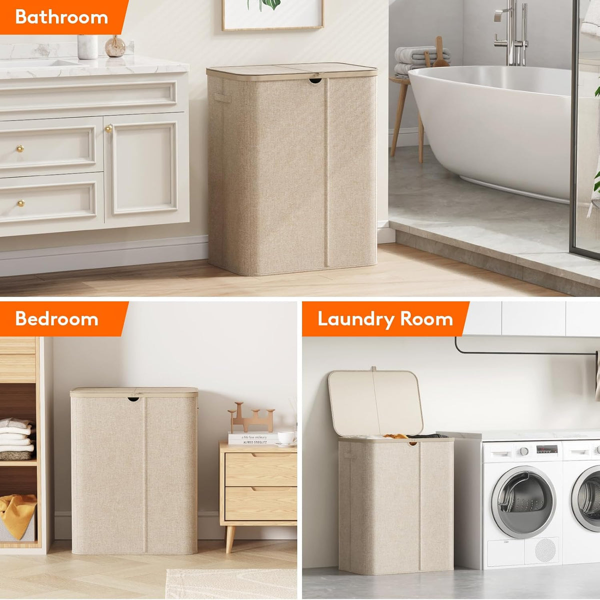 185L 3 Section Laundry Hamper with Lid, Laundry Basket, Beige