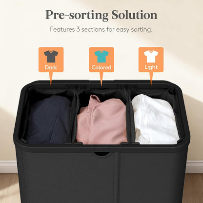 185L 3 Section Laundry Hamper with Lid, Laundry Basket, Beige