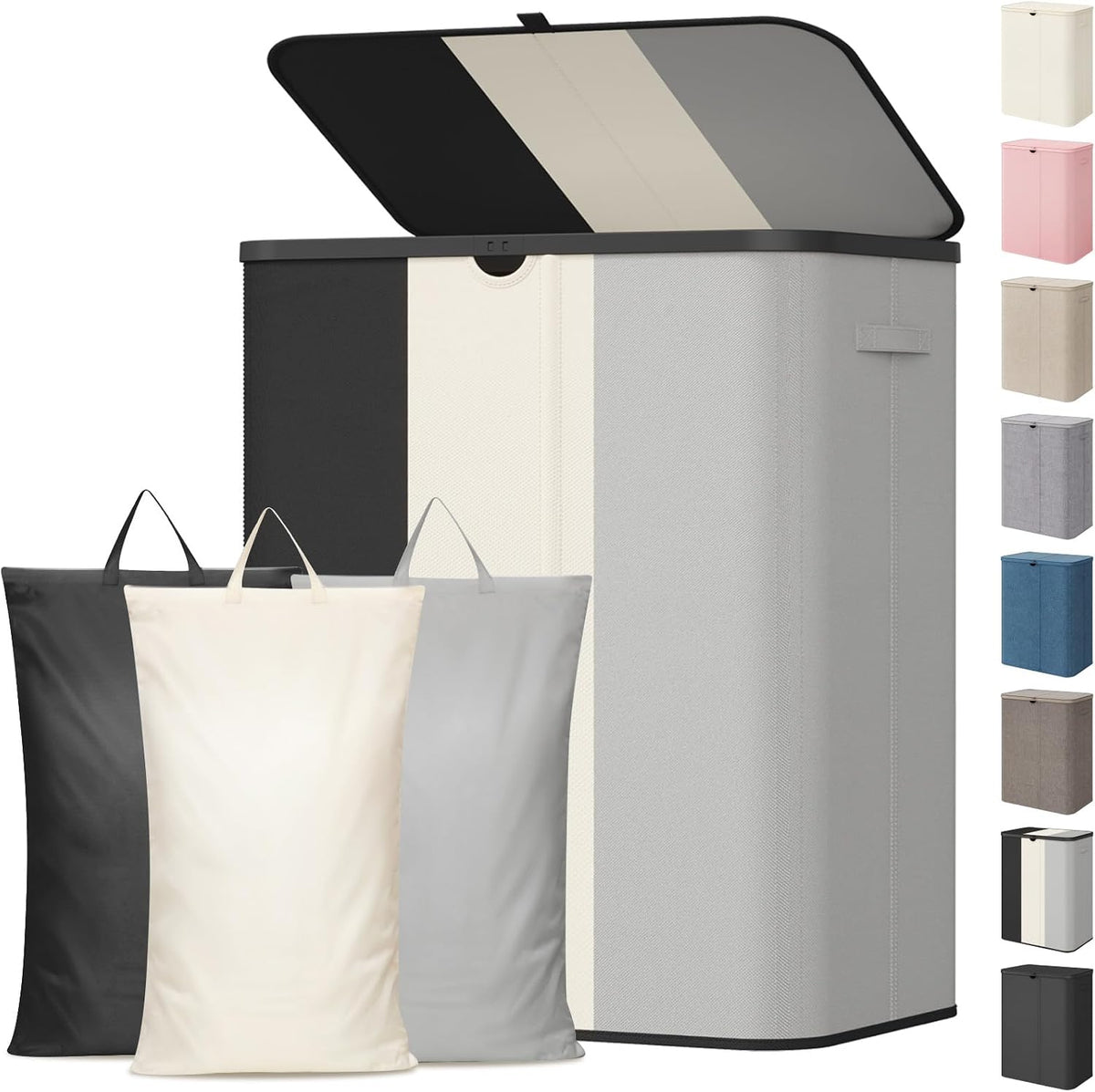 185L 3 Section Laundry Hamper with Lid, Laundry Basket, Beige