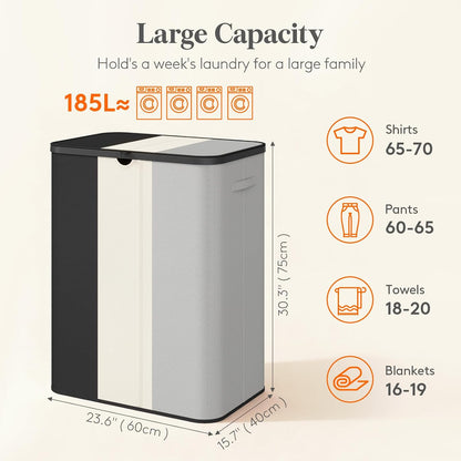 185L 3 Section Laundry Hamper with Lid, Laundry Basket, Beige