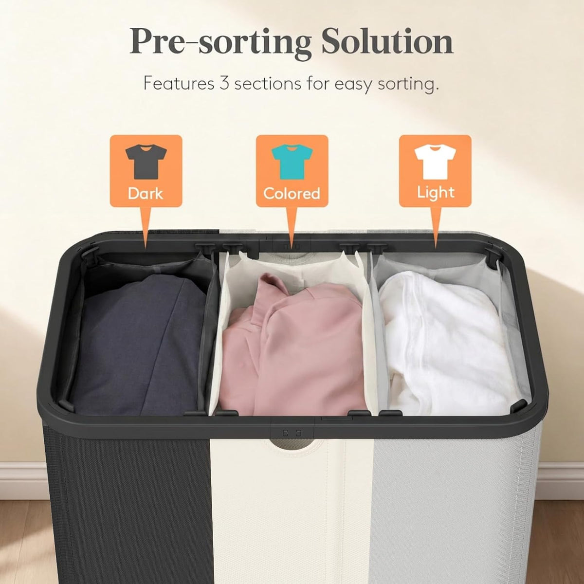185L 3 Section Laundry Hamper with Lid, Laundry Basket, Beige