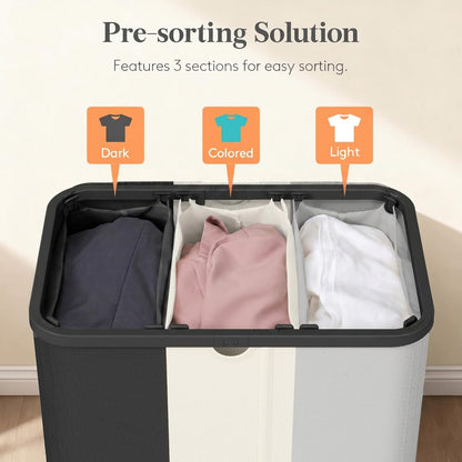 185L 3 Section Laundry Hamper with Lid, Laundry Basket, Beige