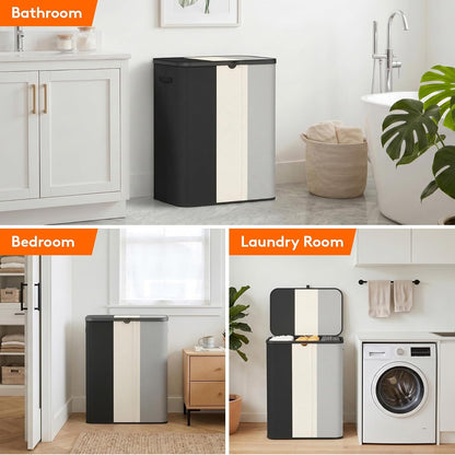 185L 3 Section Laundry Hamper with Lid, Laundry Basket, Beige