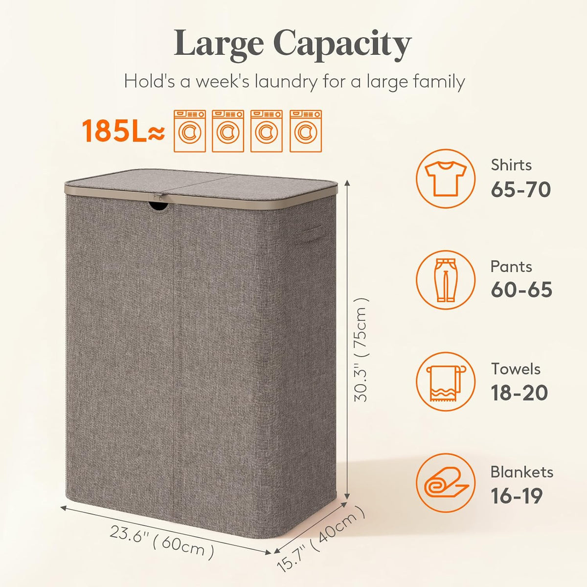 185L 3 Section Laundry Hamper with Lid, Laundry Basket, Beige