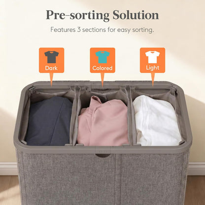 185L 3 Section Laundry Hamper with Lid, Laundry Basket, Beige