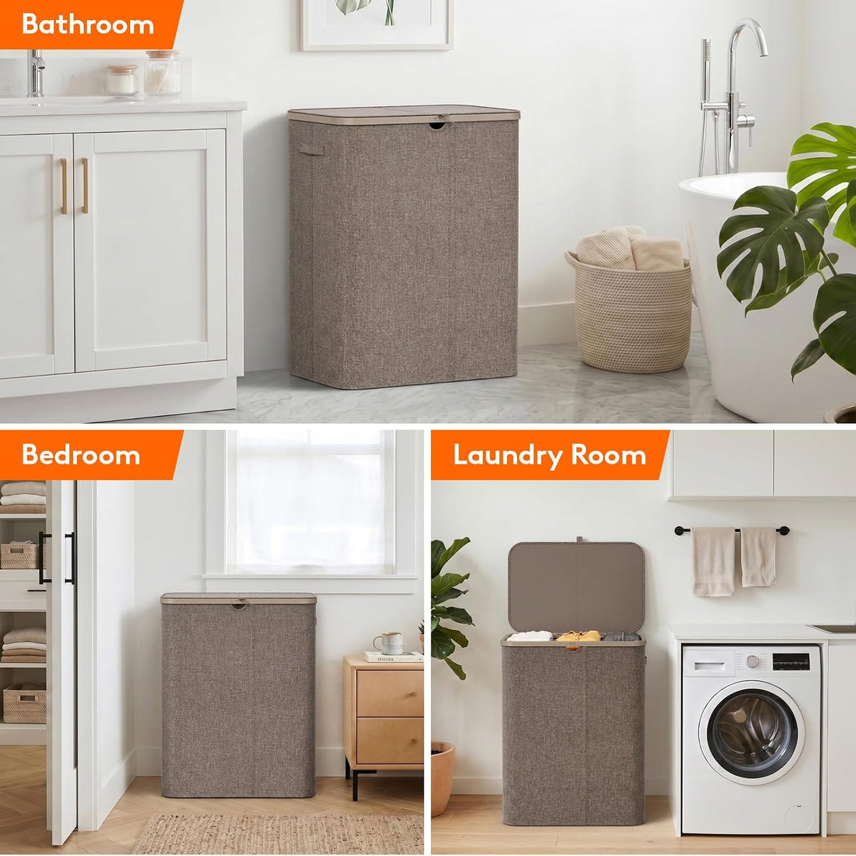 185L 3 Section Laundry Hamper with Lid, Laundry Basket, Beige