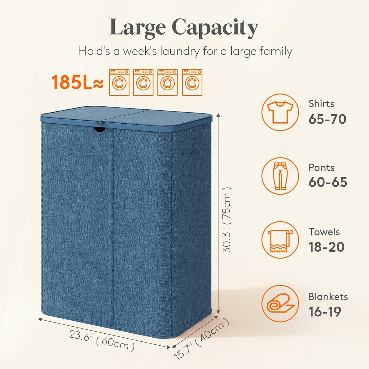 185L 3 Section Laundry Hamper with Lid, Laundry Basket, Beige
