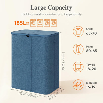 185L 3 Section Laundry Hamper with Lid, Laundry Basket, Beige