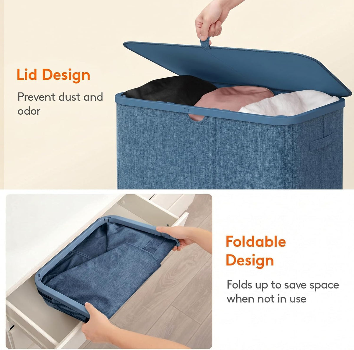 185L 3 Section Laundry Hamper with Lid, Laundry Basket, Beige