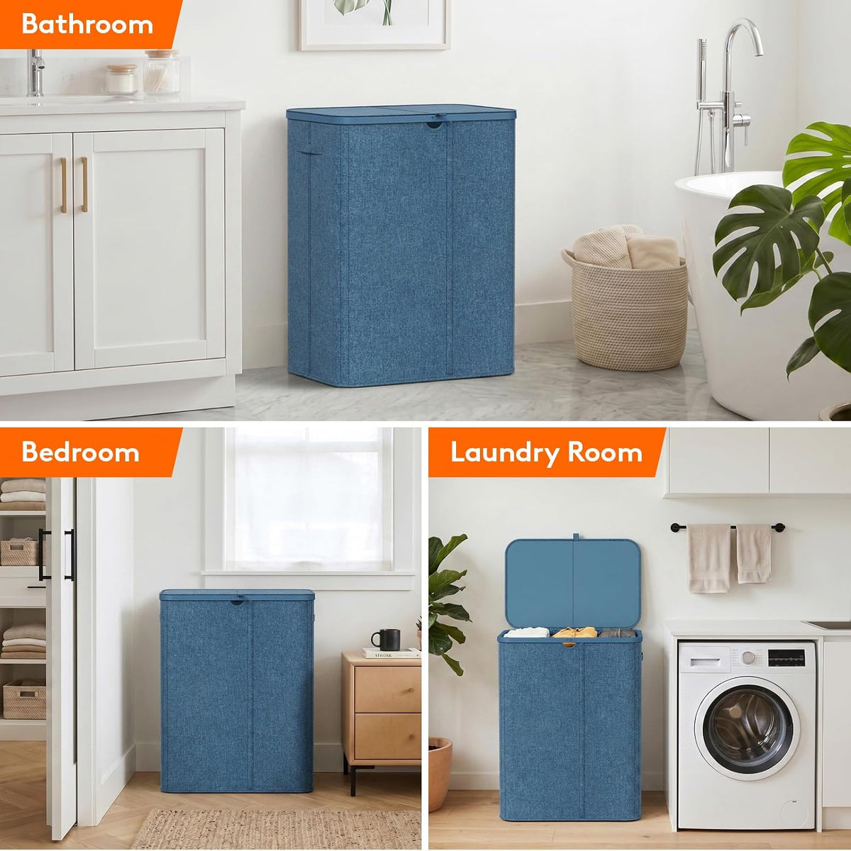 185L 3 Section Laundry Hamper with Lid, Laundry Basket, Beige