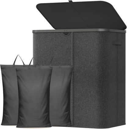 185L 3 Section Laundry Hamper with Lid, Laundry Basket, Beige