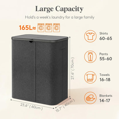 185L 3 Section Laundry Hamper with Lid, Laundry Basket, Beige
