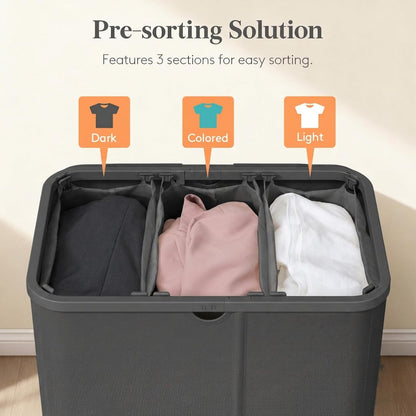 185L 3 Section Laundry Hamper with Lid, Laundry Basket, Beige